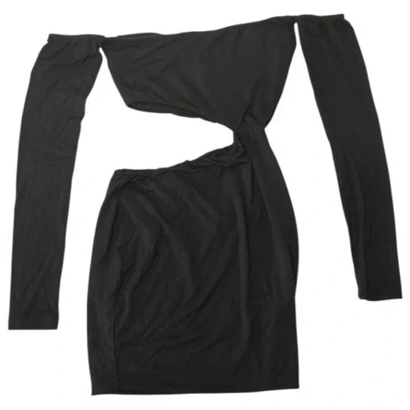 MEEK Womens Small Edgy Black Cutout Off-Shoulder Mini Dress Long Sleeve - Picture 2 of 4